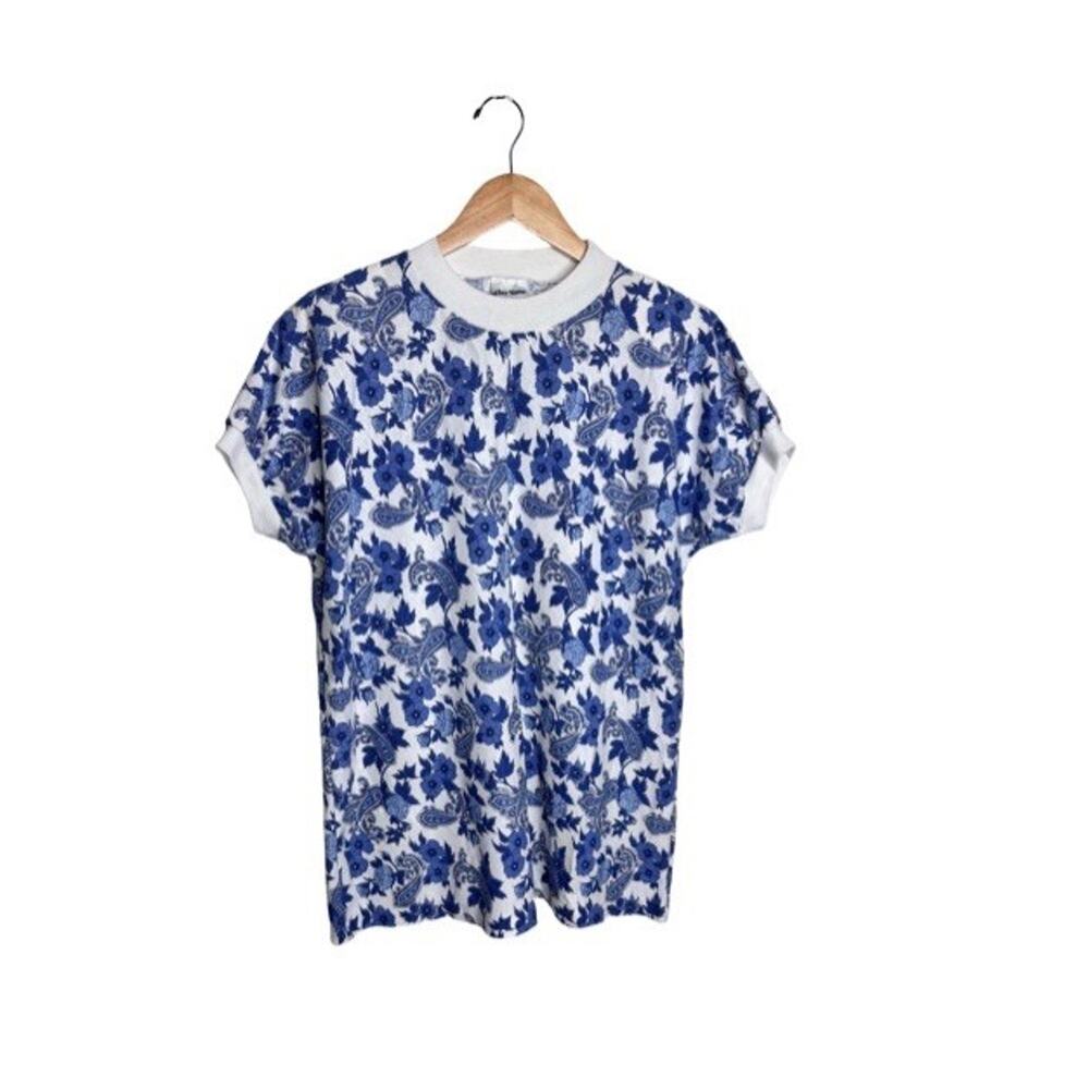 Vintage Ringer T-Shirt Floral Paisley Blue White Cottagecore Size 16W Cotton